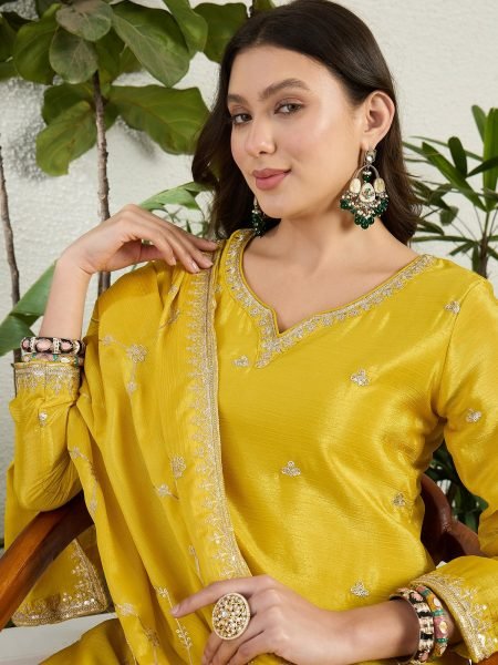 Effortless Yellow Designer Chinon Kurti Set with Matching Pant and Embroidered Dupatta Designer Plazzo Salwar Suits Wholesale