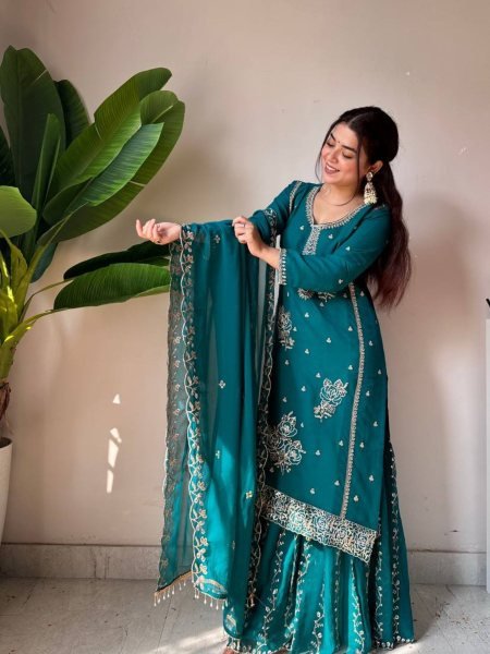 Eid Festive Special Designer Fox Georgette Beads Work  Kurti Gharara Suit with Dupatta Boutique Collection Ready To Wear Suit