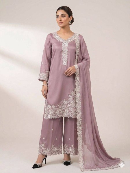 Eid Party Wear Mauve Suit Set with Heavy Embroidery Work at Manufacturer Price 