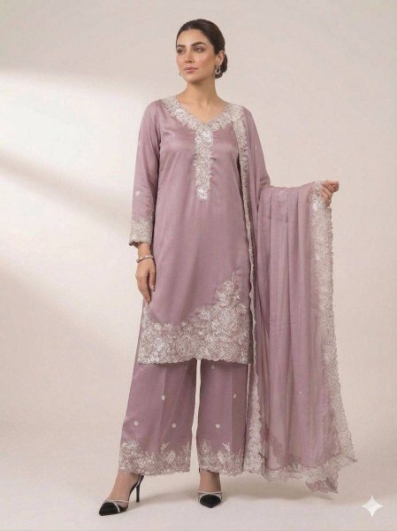 Eid Party Wear Mauve Suit Set with Heavy Embroidery Work at Manufacturer Price Ready To Wear Collection