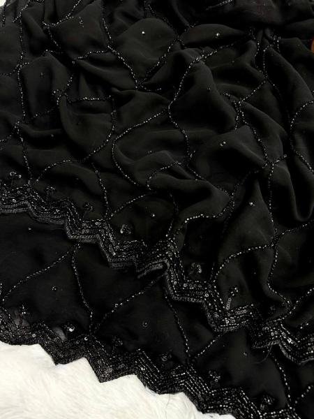 Eid Special Black Color Pure Georgette Saree With Beads And Sequins Embroidery Work  Georgette Sarees Wholesale