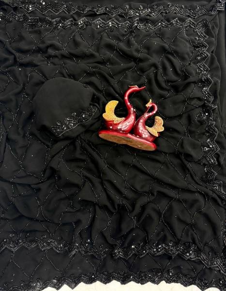 Eid Special Black Color Pure Georgette Saree With Beads And Sequins Embroidery Work  Georgette Sarees Wholesale