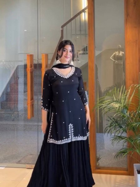 Eid Special Black Fox Georgette Embroidered Flared Palazzo Suit  