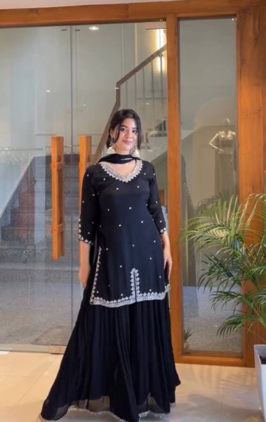 Eid Special Black Fox Georgette Embroidered Flared Palazzo Suit  Ready To Wear Collection