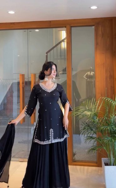 Eid Special Black Fox Georgette Embroidered Flared Palazzo Suit  Ready To Wear Collection