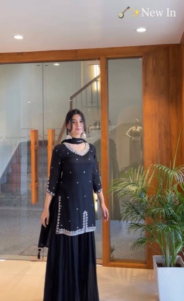 Eid Special Black Fox Georgette Embroidered Flared Palazzo Suit  Ready To Wear Collection