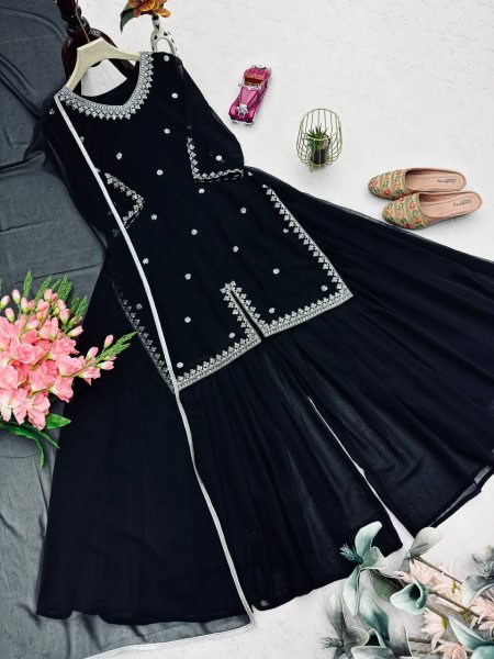 Eid Special Black Fox Georgette Embroidered Flared Palazzo Suit  Ready To Wear Collection