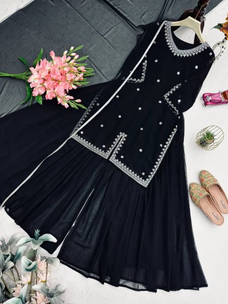 Eid Special Black Fox Georgette Embroidered Flared Palazzo Suit  Ready To Wear Collection