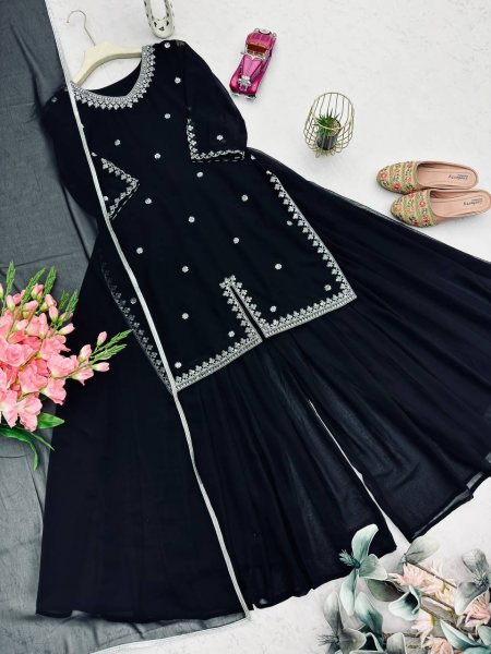 Eid Special Black Fox Georgette Embroidered Flared Palazzo Suit  Ready To Wear Collection