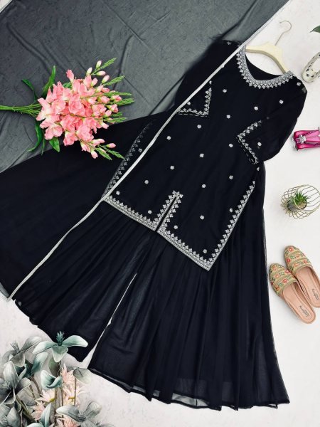 Eid Special Black Fox Georgette Embroidered Flared Palazzo Suit  Ready To Wear Collection
