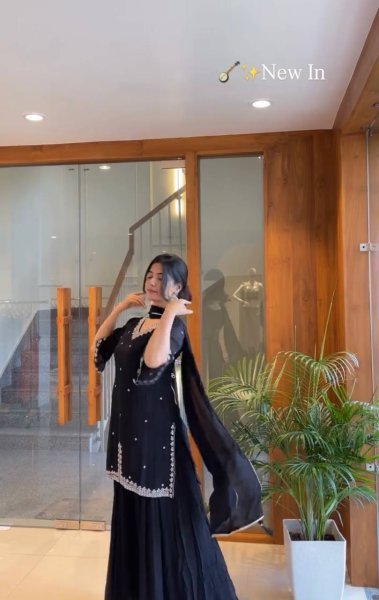 Eid Special Black Fox Georgette Embroidered Flared Palazzo Suit  Ready To Wear Collection