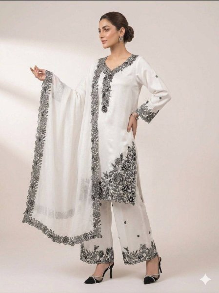 Eid Special French Crepe Palazzo Suit with Sequence Embroidery for Festive Wear Ready To Wear Collection