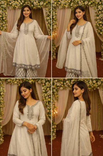 Eid Special White Georgette Thread   Foil Work Palazzo Suit Ready To Wear Collection