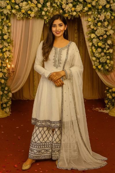 Eid Special White Georgette Thread   Foil Work Palazzo Suit Ready To Wear Collection