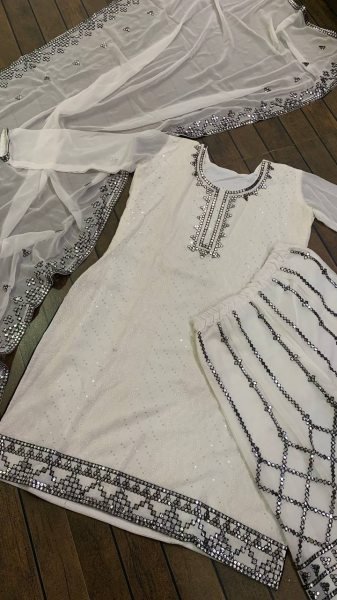 Eid Special White Georgette Thread   Foil Work Palazzo Suit Ready To Wear Collection