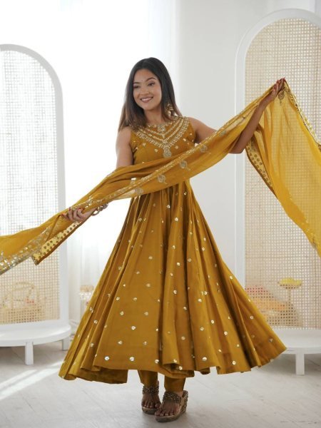 Eid Special yellow Long Anarkali Gown with Pant Dupatta Set 