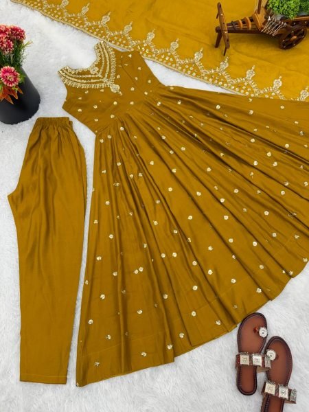 Eid Special yellow Long Anarkali Gown with Pant Dupatta Set Ready To Wear Collection