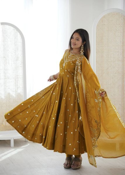 Eid Special yellow Long Anarkali Gown with Pant Dupatta Set Ready To Wear Collection