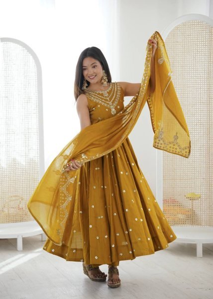 Eid Special yellow Long Anarkali Gown with Pant Dupatta Set Ready To Wear Collection