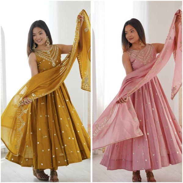 Eid Special yellow Long Anarkali Gown with Pant Dupatta Set Ready To Wear Collection