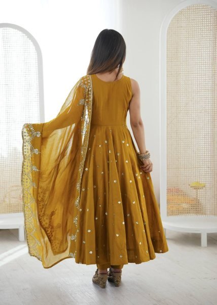 Eid Special yellow Long Anarkali Gown with Pant Dupatta Set Ready To Wear Collection