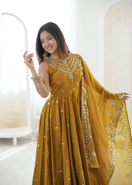 Eid Special yellow Long Anarkali Gown with Pant Dupatta Set Ready To Wear Collection