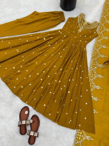 Eid Special yellow Long Anarkali Gown with Pant Dupatta Set Ready To Wear Collection