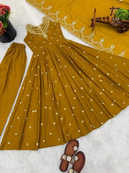 Eid Special yellow Long Anarkali Gown with Pant Dupatta Set Ready To Wear Collection