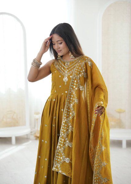 Eid Special yellow Long Anarkali Gown with Pant Dupatta Set Ready To Wear Collection
