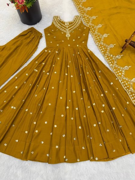 Eid Special yellow Long Anarkali Gown with Pant Dupatta Set Ready To Wear Collection