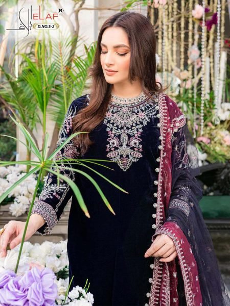 Elaf S 2 Velvet Pakistani Suit Embroidery   Butterfly Net Dupatta for Wholesaler and Supplier Embroidery Suits Wholesale