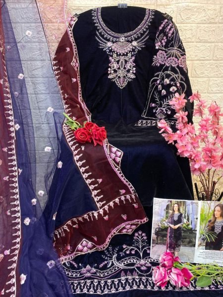 Elaf S 2 Velvet Pakistani Suit Embroidery   Butterfly Net Dupatta for Wholesaler and Supplier Embroidery Suits Wholesale