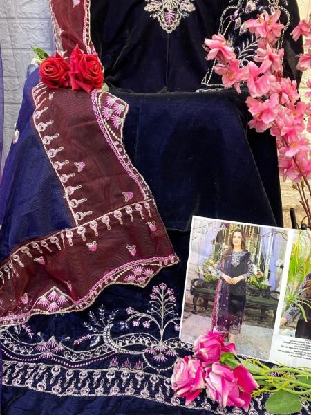 Elaf S 2 Velvet Pakistani Suit Embroidery   Butterfly Net Dupatta for Wholesaler and Supplier Embroidery Suits Wholesale