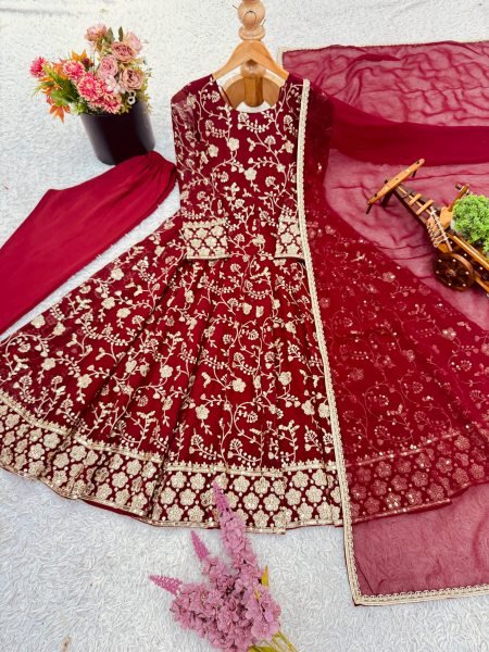 Elegant 4 Meter Flair Anarkali Gown in Georgette with Sequence Work   Dupatta Perfect for Weddings Embroidery Kurtis 