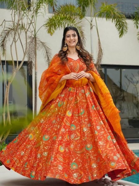 Elegant Anarkali Gown in Tabby Silk Plus Size Ready with Designer Dupatta Anarkali Kurtis 