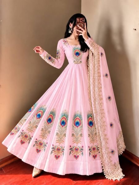 Elegant Baby Pink Fully Stitched Fendy Silk Printed Gown with Micro Cotton Pant Ready To Wear Suit