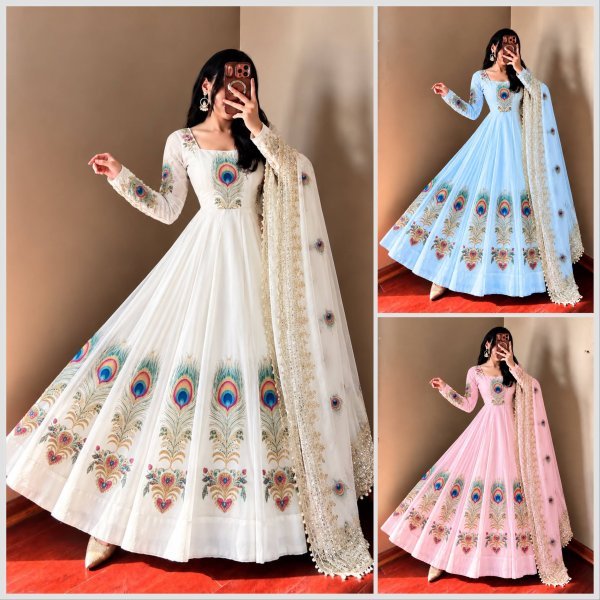 Elegant Baby Pink Fully Stitched Fendy Silk Printed Gown with Micro Cotton Pant Ready To Wear Collection
