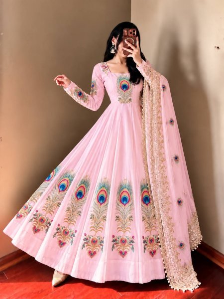 Elegant Baby Pink Fully Stitched Fendy Silk Printed Gown with Micro Cotton Pant Ready To Wear Collection