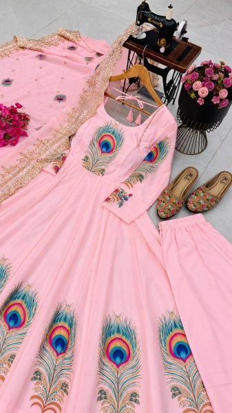 Elegant Baby Pink Fully Stitched Fendy Silk Printed Gown with Micro Cotton Pant Ready To Wear Collection