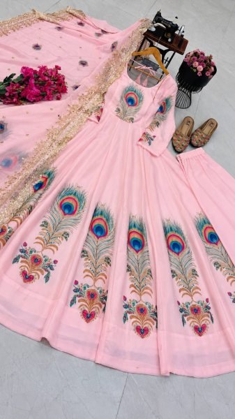 Elegant Baby Pink Fully Stitched Fendy Silk Printed Gown with Micro Cotton Pant Ready To Wear Collection