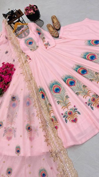 Elegant Baby Pink Fully Stitched Fendy Silk Printed Gown with Micro Cotton Pant Ready To Wear Collection
