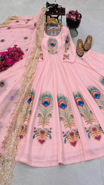 Elegant Baby Pink Fully Stitched Fendy Silk Printed Gown with Micro Cotton Pant Ready To Wear Collection