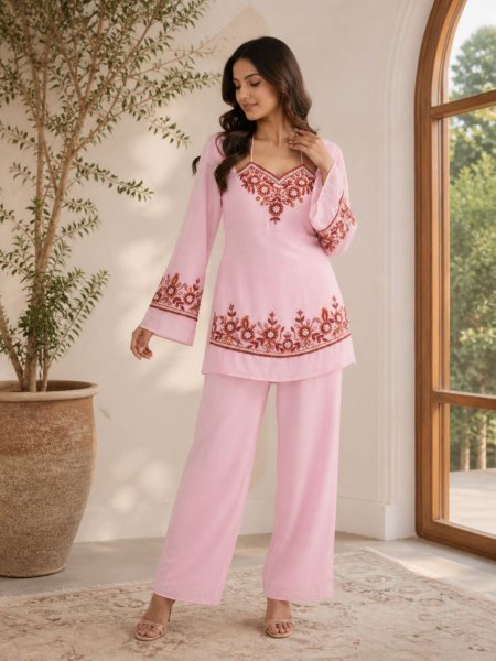 Elegant Baby Pink Georgette Festival Wear Kurti Palazzo Set with Designer Embroidery Kurtis