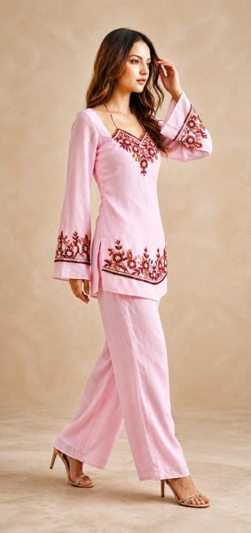 Elegant Baby Pink Georgette Festival Wear Kurti Palazzo Set with Designer Embroidery Embroidery Kurtis 