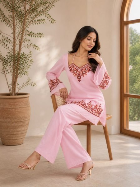 Elegant Baby Pink Georgette Festival Wear Kurti Palazzo Set with Designer Embroidery Embroidery Kurtis 