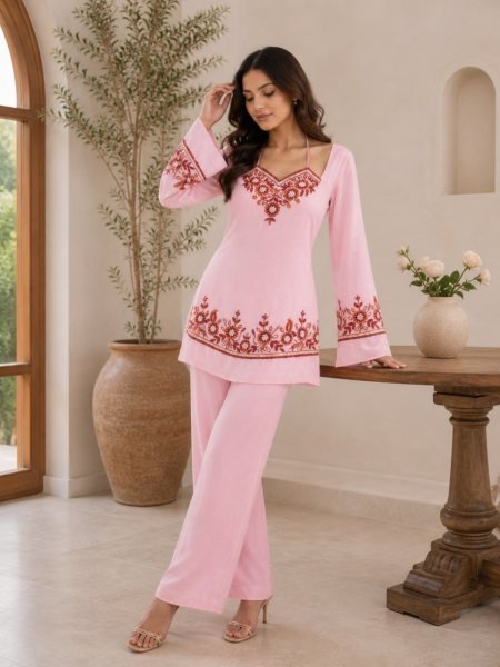 Elegant Baby Pink Georgette Festival Wear Kurti Palazzo Set with Designer Embroidery Embroidery Kurtis 