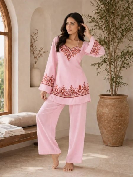 Elegant Baby Pink Georgette Festival Wear Kurti Palazzo Set with Designer Embroidery Embroidery Kurtis 