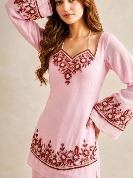 Elegant Baby Pink Georgette Festival Wear Kurti Palazzo Set with Designer Embroidery Embroidery Kurtis 