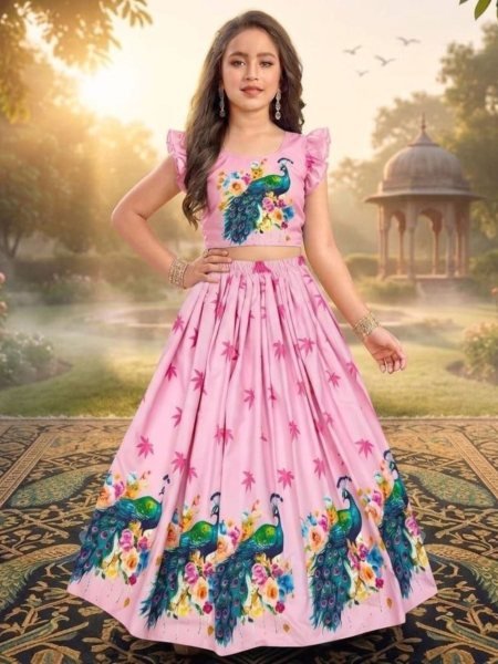 Elegant Baby Pink Premium Chinon Silk Lehenga with Printed Work and Full Stitched Blouse Kurtis