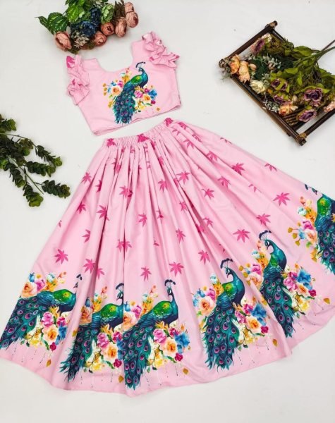 Elegant Baby Pink Premium Chinon Silk Lehenga with Printed Work and Full Stitched Blouse Girls Wear